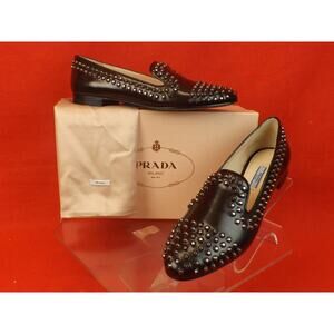 PRADA 1S275E DARK BROWN LEATHER SILVER METAL STUDS STUDDED FLATS LOAFERS 35.5